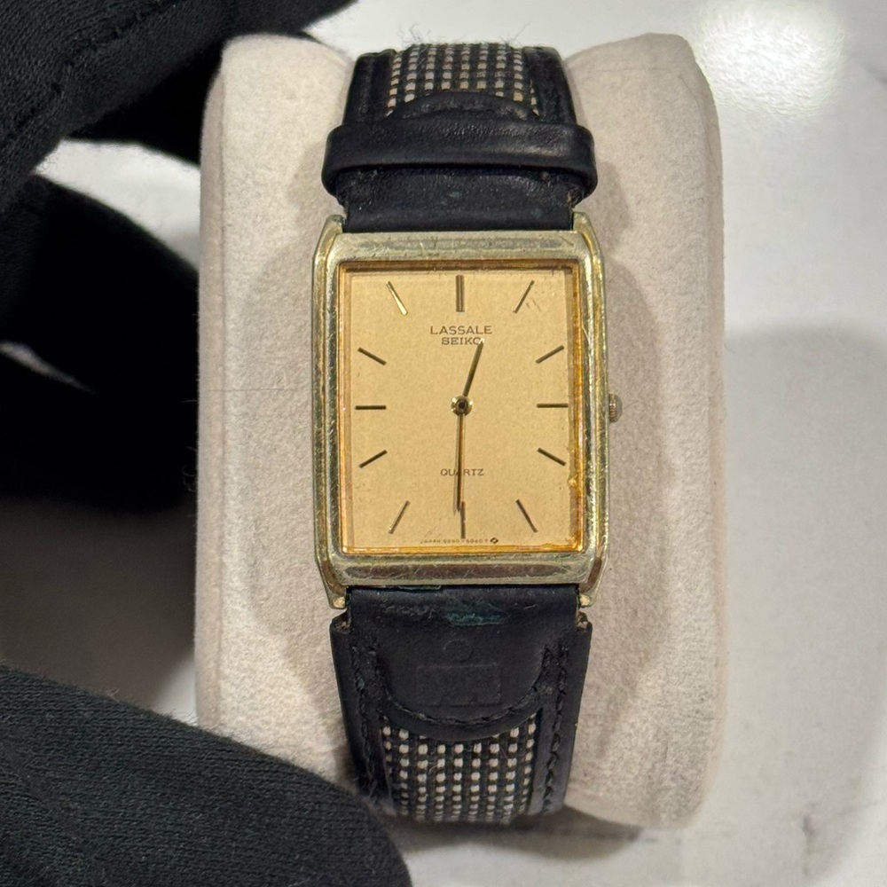 Seiko Gold-Tone Rectangular Dial Watch with Black Strap